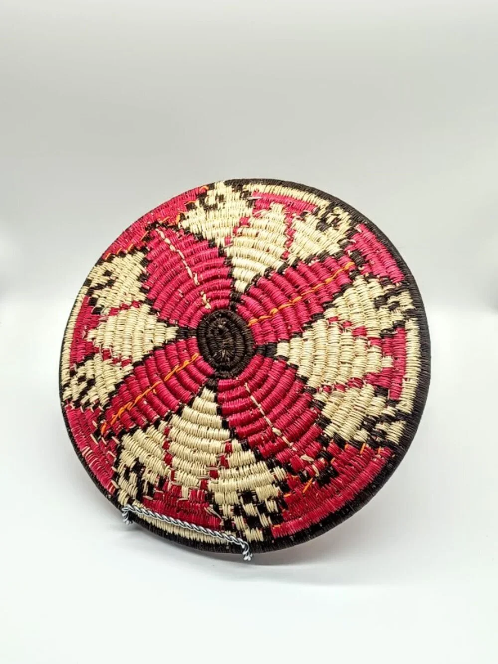 Hand-Woven Navajo Style Red Brown Cream Coiled Basket